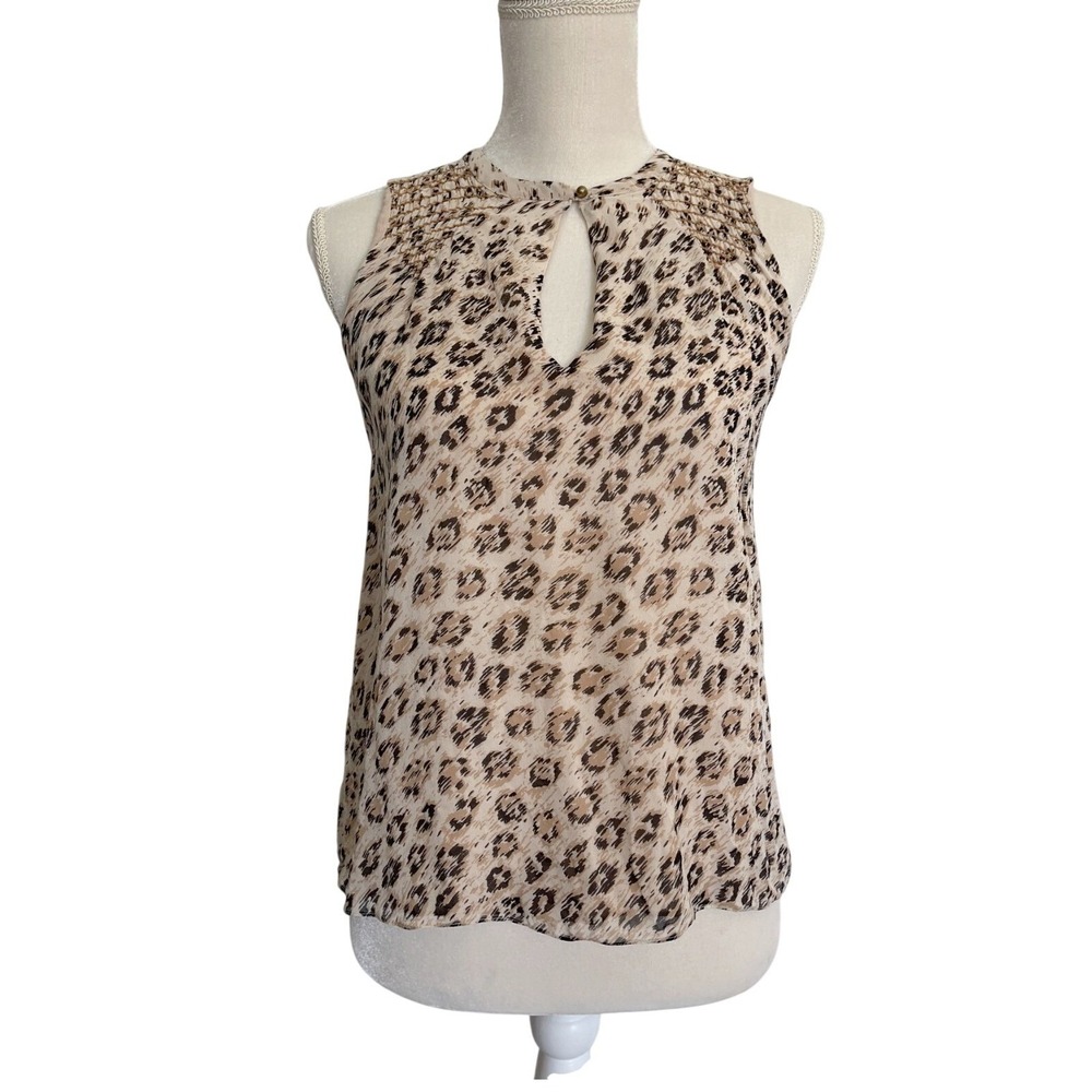 Joie Womens Beige Leopard Print Keyhole Neck Sleeveless Silk Top Blouse XS/S